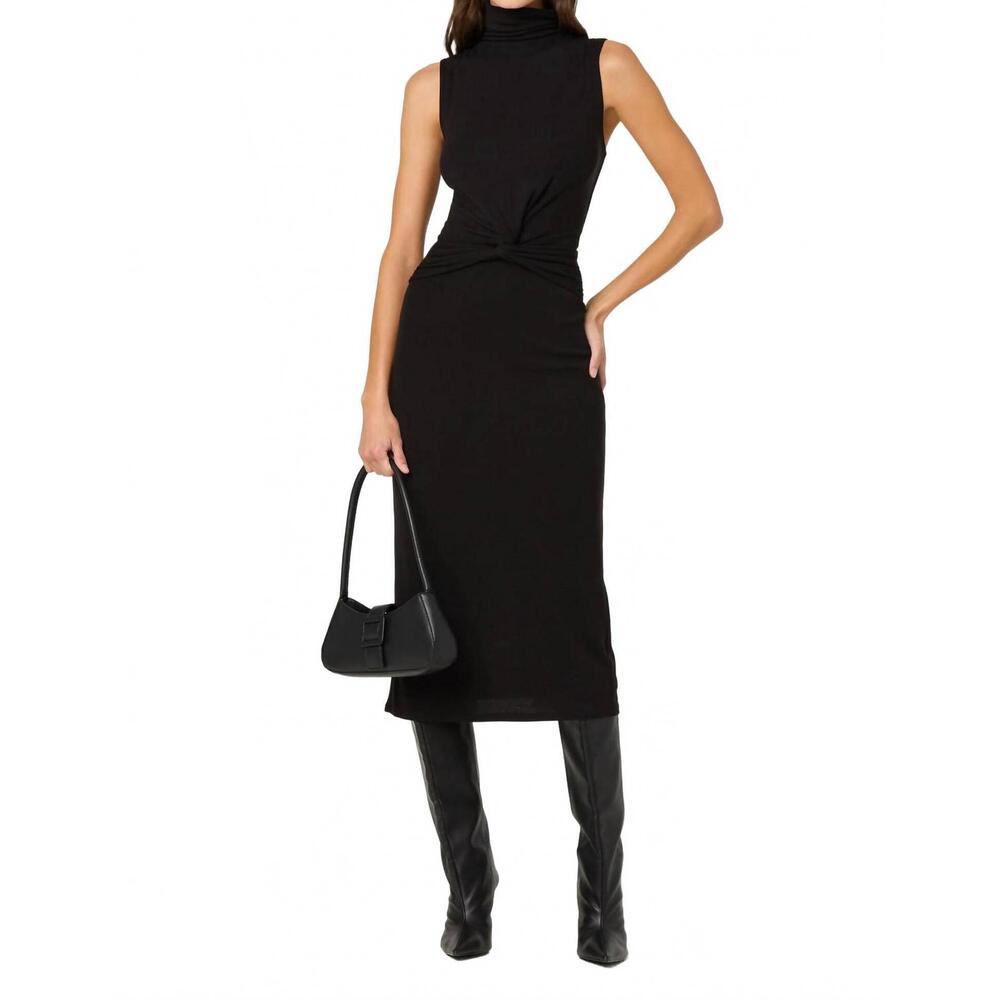 Sleeveless Black Twist-Waist Midi Dress